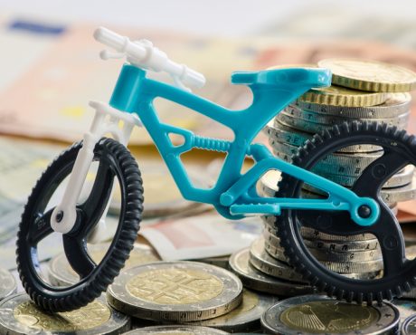 bicycle, coins and banknotes