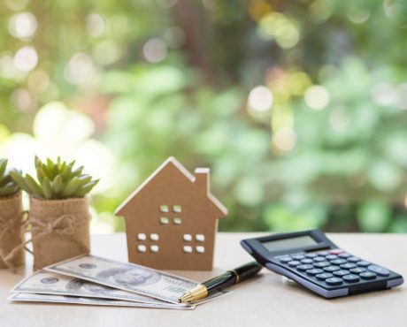House model with pile of dollar bills, calculator, pen and plant pots on table with garden background for business, finance, banking, and saving money.