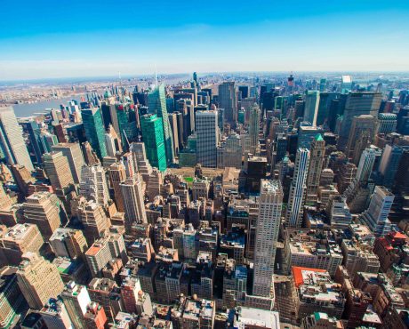 Beautiful New York City skyline with urban skyscrapers early in the morning